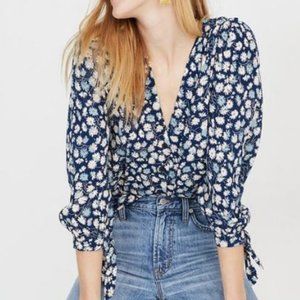 Madewell Tie Sleeve French Floral Navy Blouse, Size M